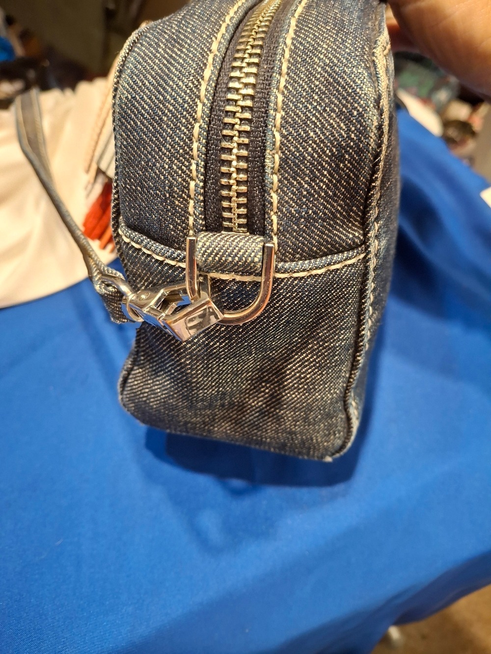 Rebecca Minkoff Mini Sofia Denim Crossbody Bag with Orange and Cream Tassels - Picture 7 of 11